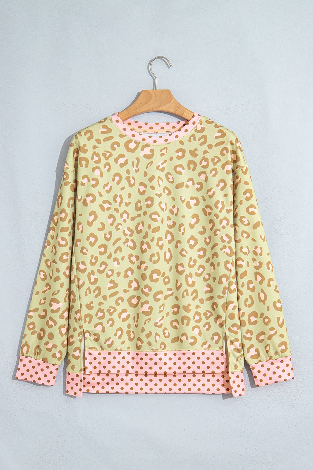 Khaki Leopard Polka Dot Colorblock Trim Long Sleeve Top