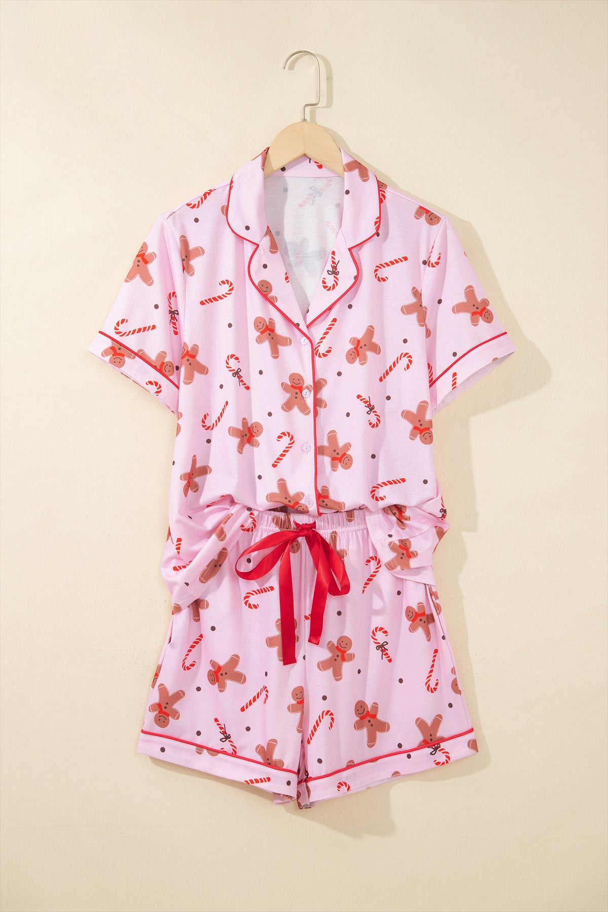 Pink Short Sleeve Placket Shell Button Elastic Waist Lounge Set