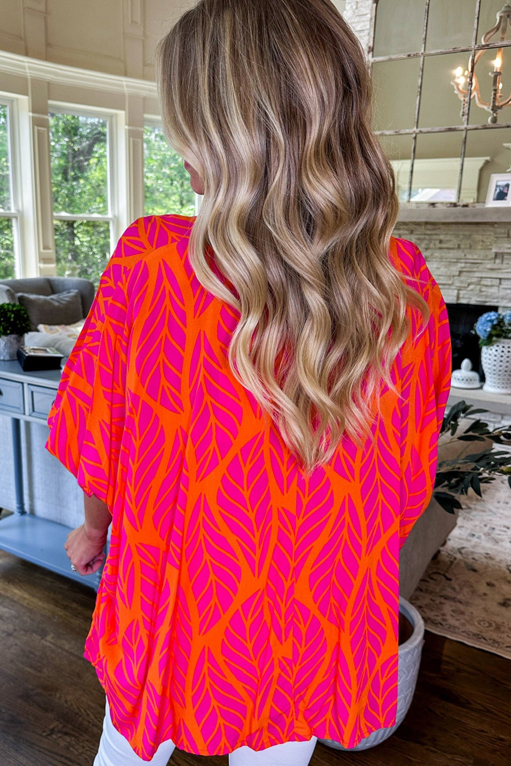 Rose Tropical Leaf Print Smocked Puff Sleeve Blouse Tops/Blouses & Shirts