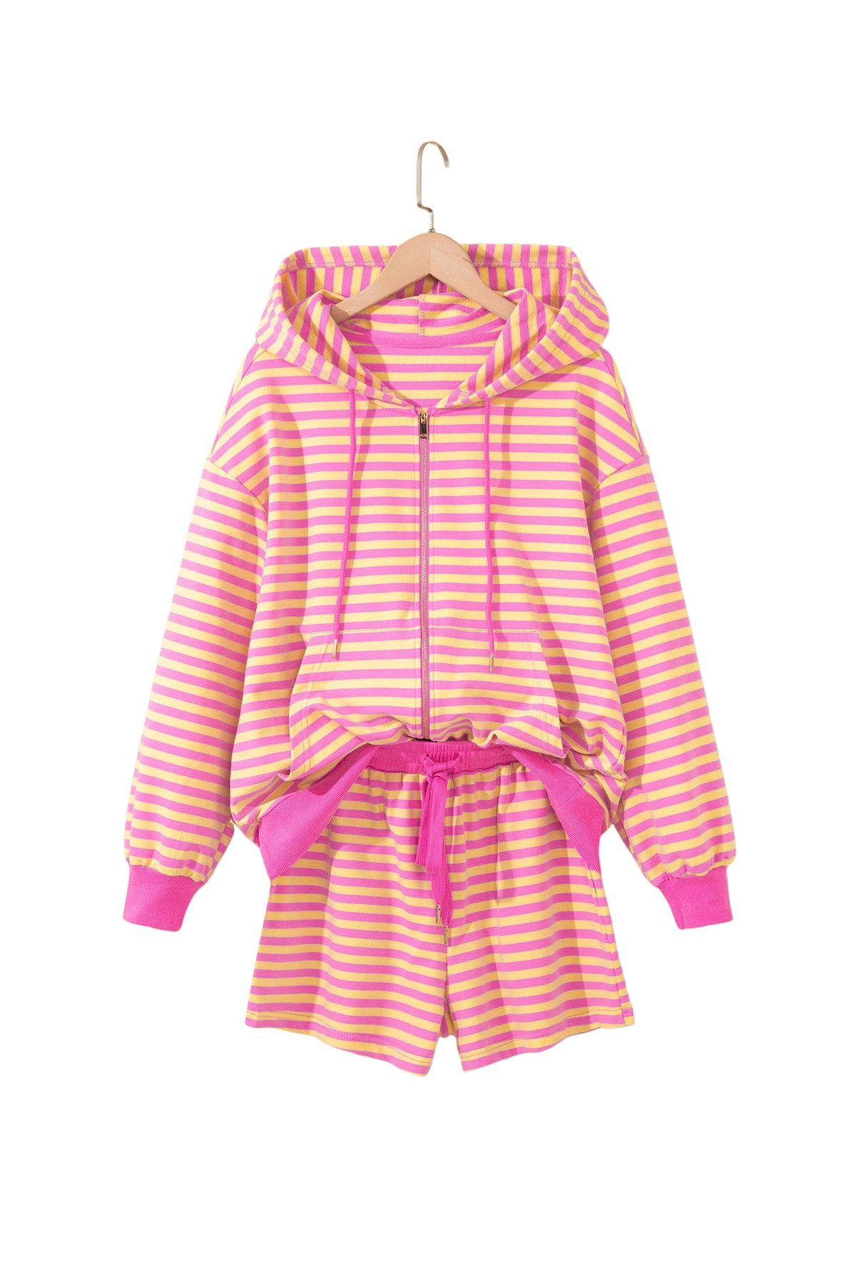 Rose Red Striped Long Sleeve Zip-Up Hoodie Drawstring Elastic Waist 2pcs Short Set