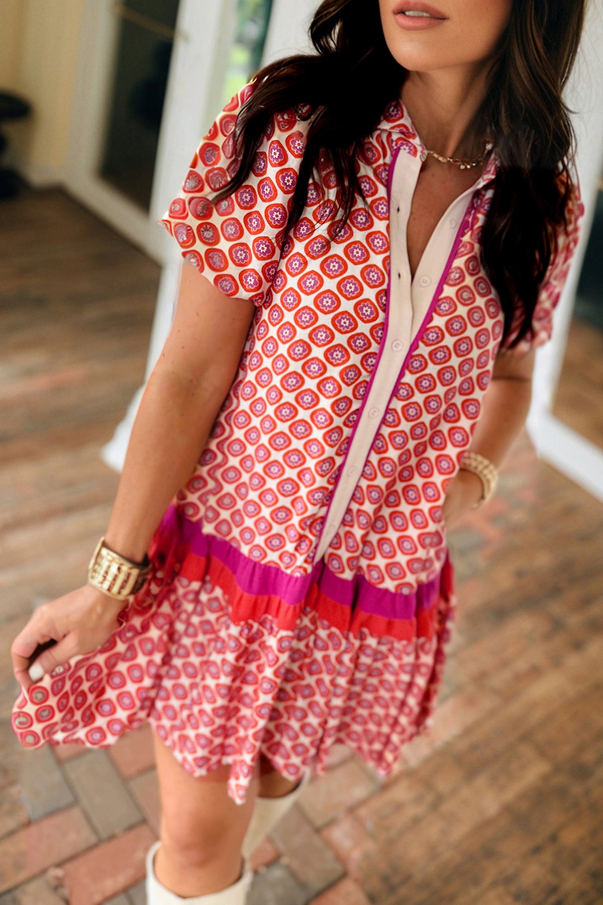Orange Geometric Floral Print Color Block Trim Button Front Ruffle Hem Dress