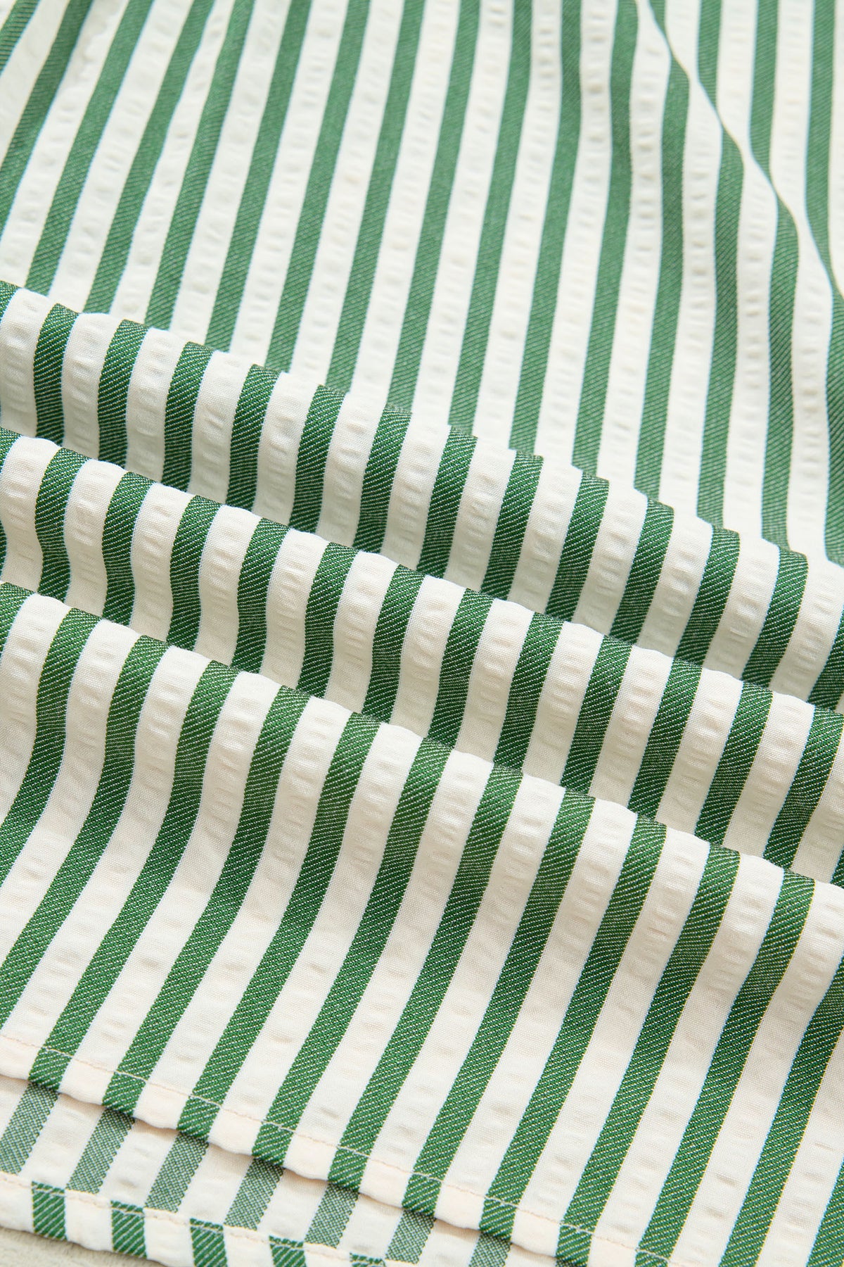 Green Stripe Collared Split Neck Short Bubble Sleeve Blouse