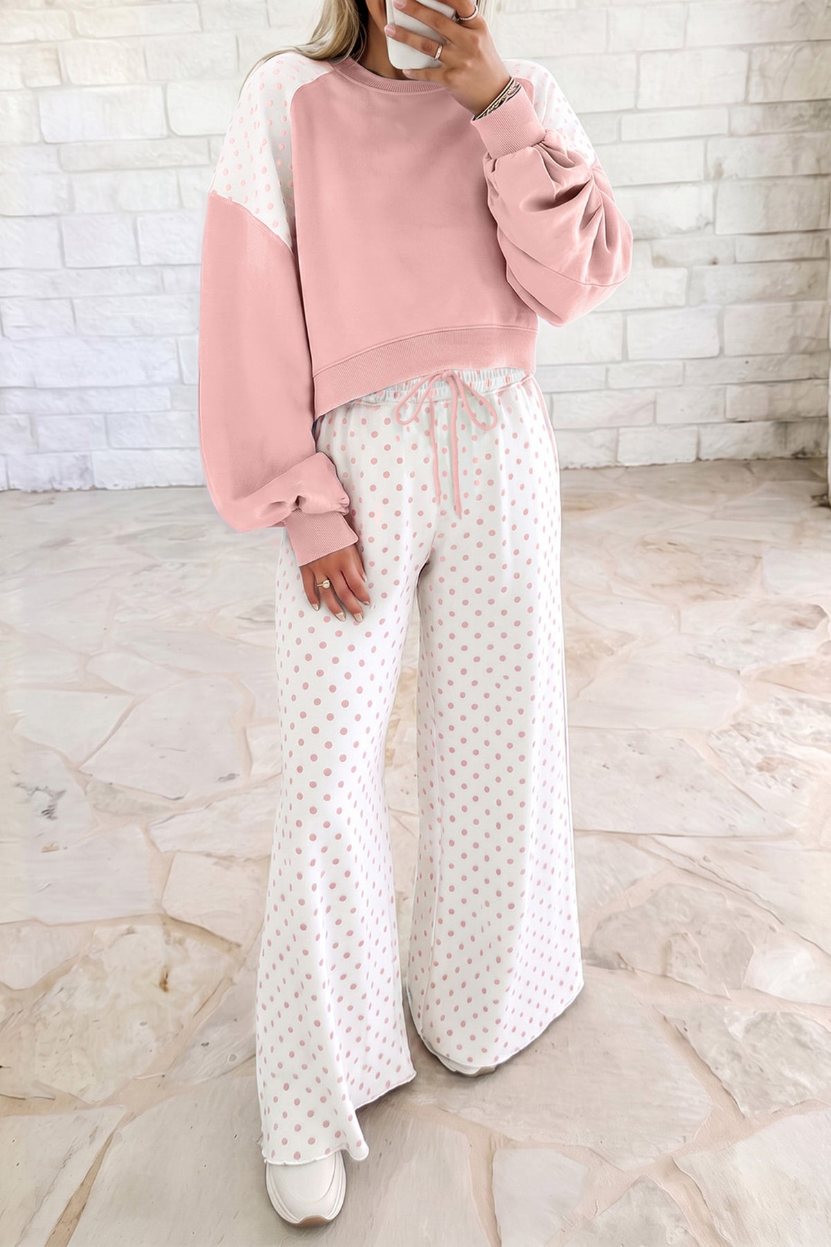 Light Blue Polka Dot Patchwork Colorblock Long Sleeve Casual Two Piece Pants Set