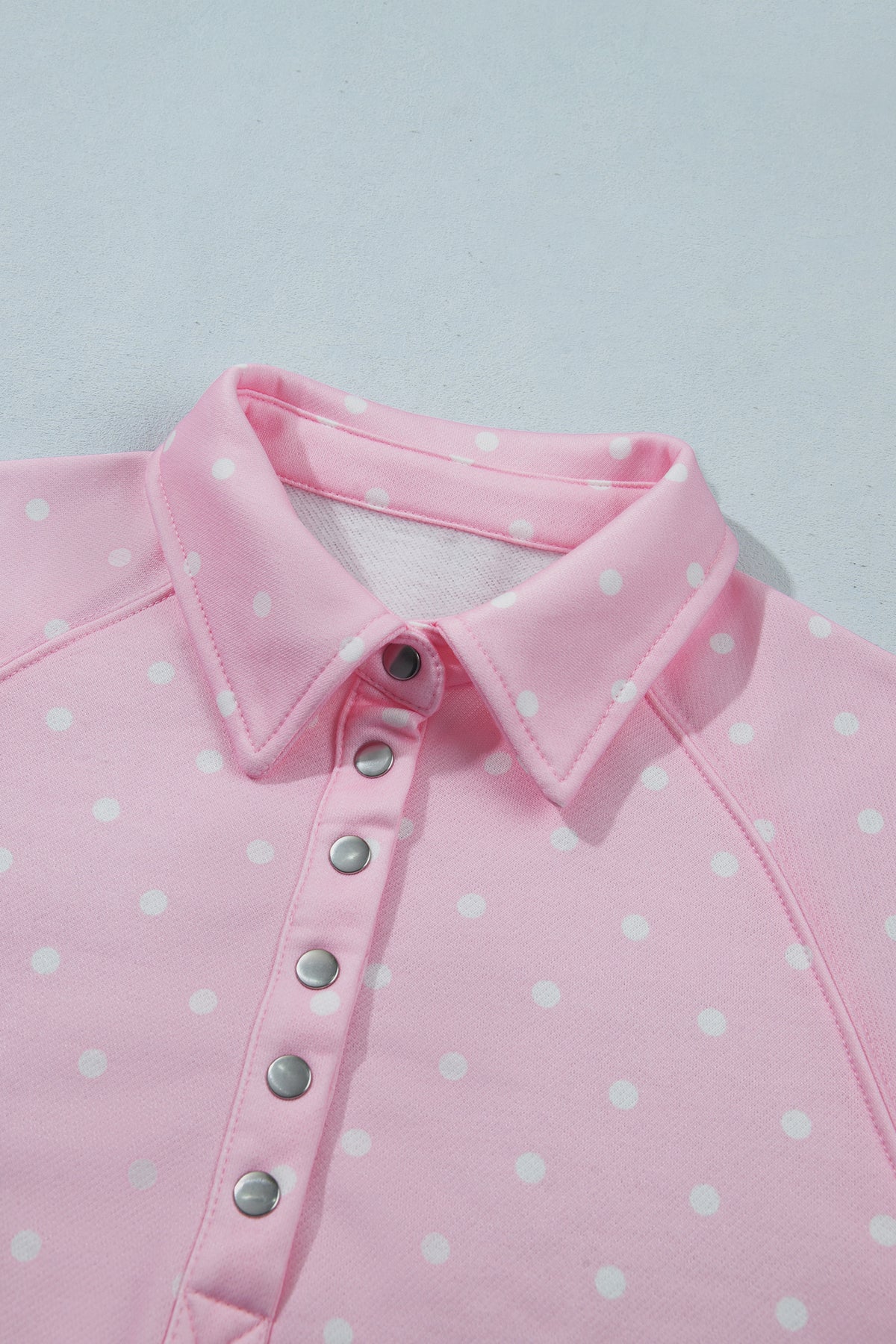 Blue Polka Dot Print Metal Button Collar Casual Pullover Sweatshirt