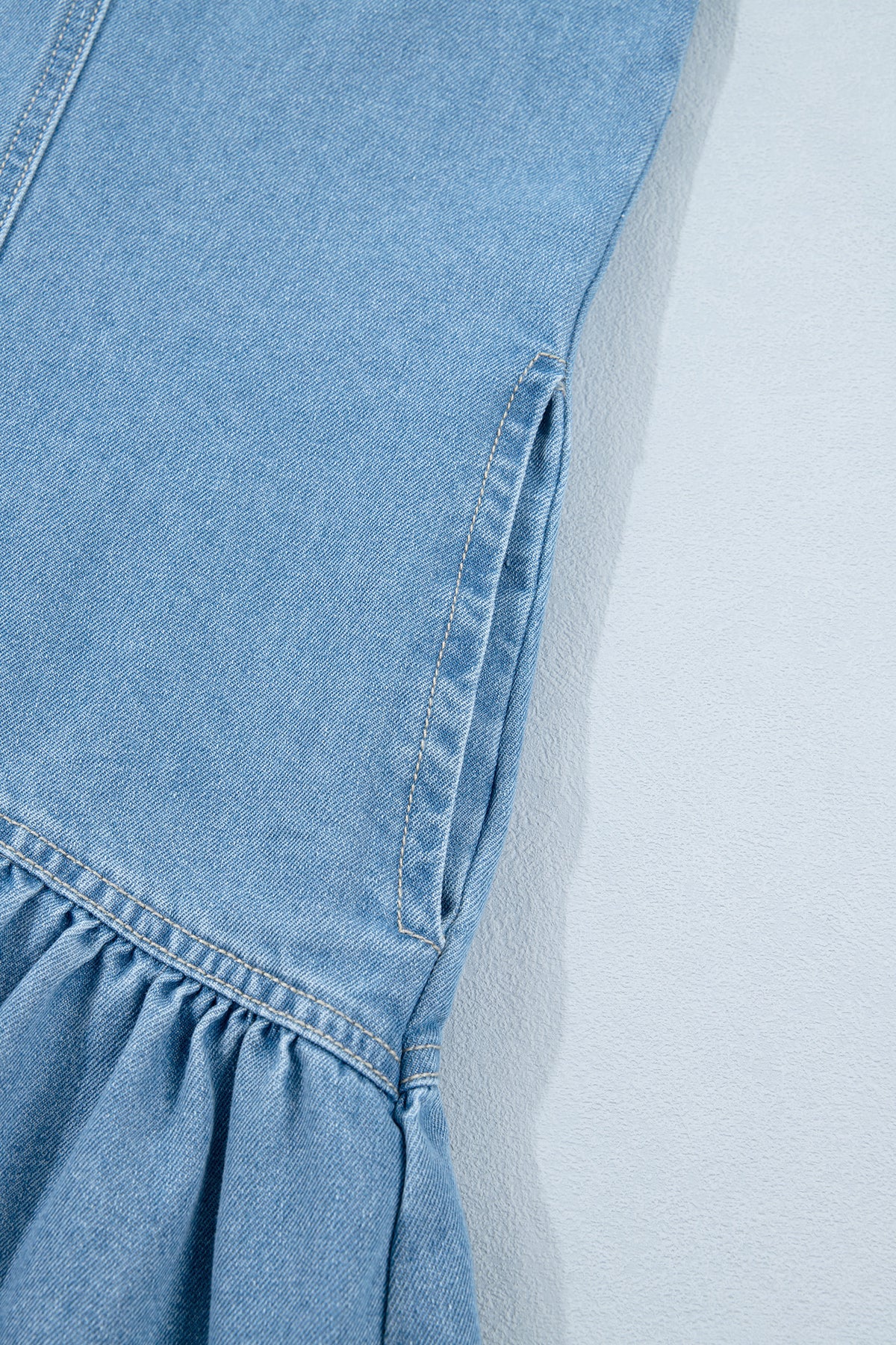 Beau Blue Button Down Short Puff Sleeve Ruffle Hem Patchwork Denim Dress