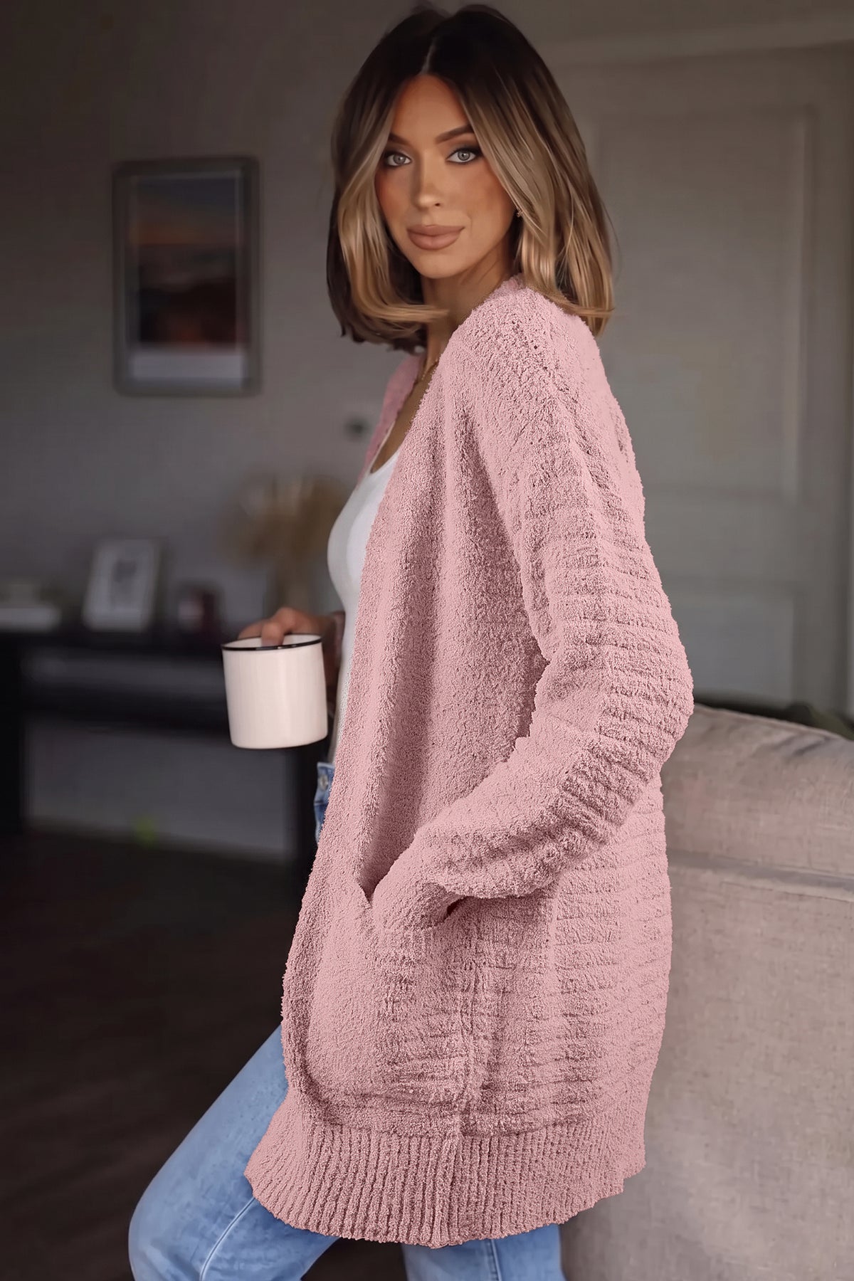 Light Pink Open Front Soft Fuzzy Ribbed Sweater Cardigan