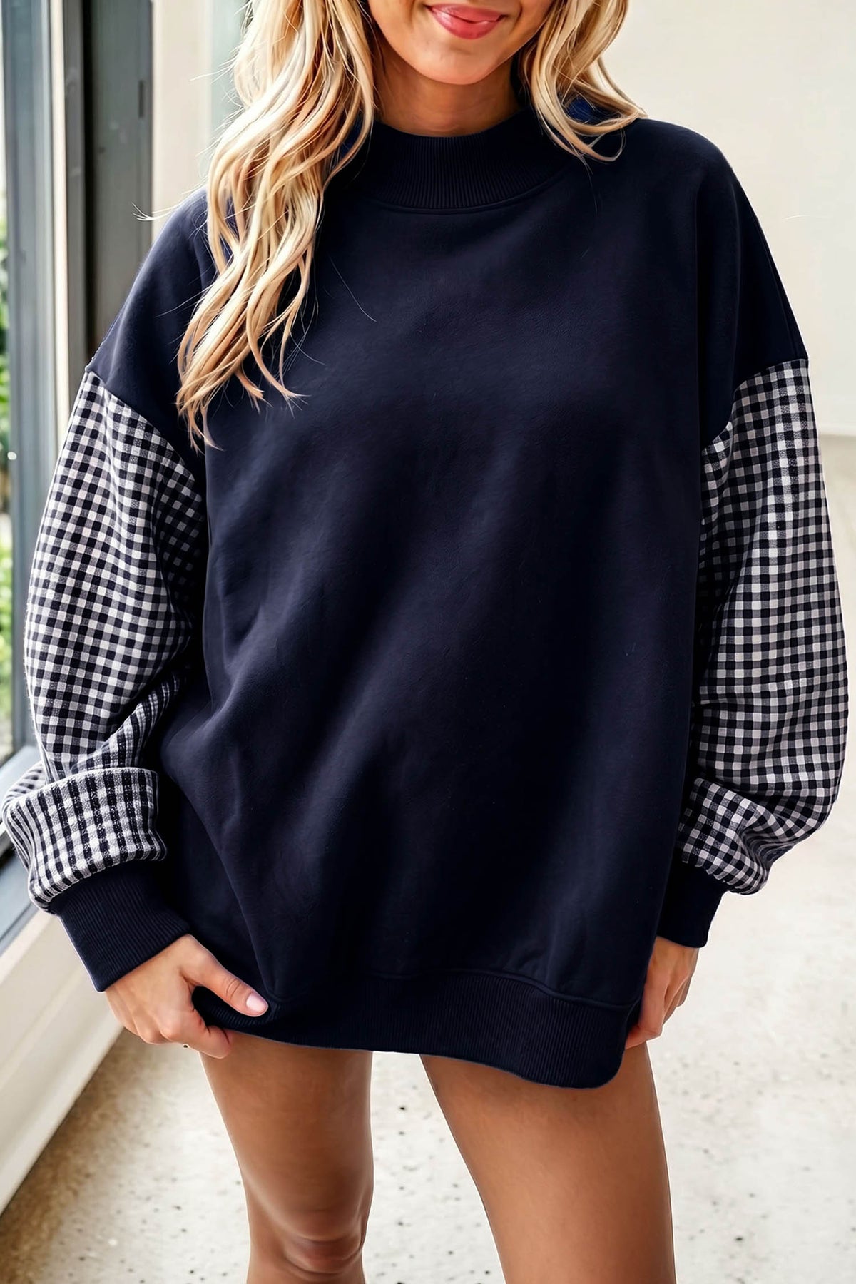 Coffee Plaid Sleeve Colorblock Loose Tunic Sweatshirt