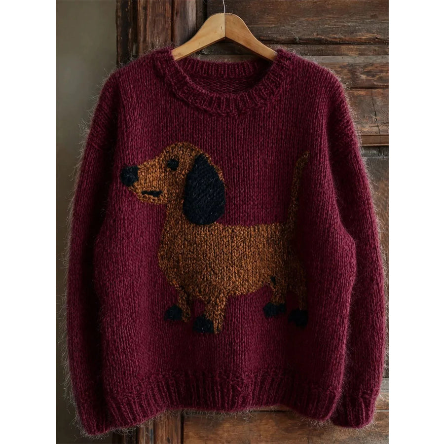 Dachshund Dropped Shoulder Sweater Burgundy / S Apparel and Accessories