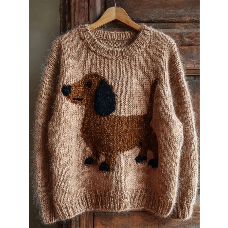 Dachshund Dropped Shoulder Sweater Tan / S Apparel and Accessories