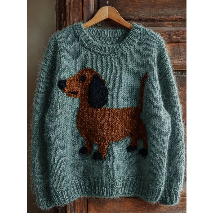 Dachshund Dropped Shoulder Sweater Teal / S Apparel and Accessories