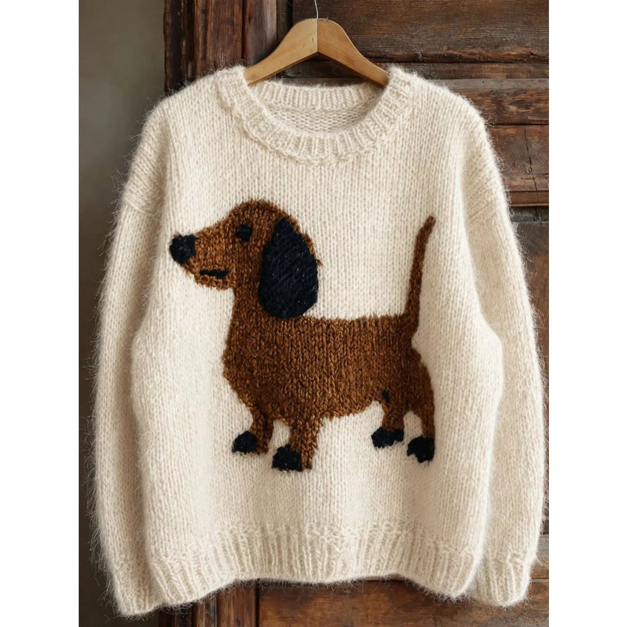 Dachshund Dropped Shoulder Sweater White / S Apparel and Accessories