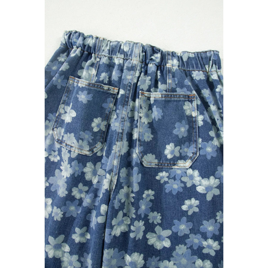 Dainty Floral Printed Drawstring Barrel Jeans Apparel and Accessories
