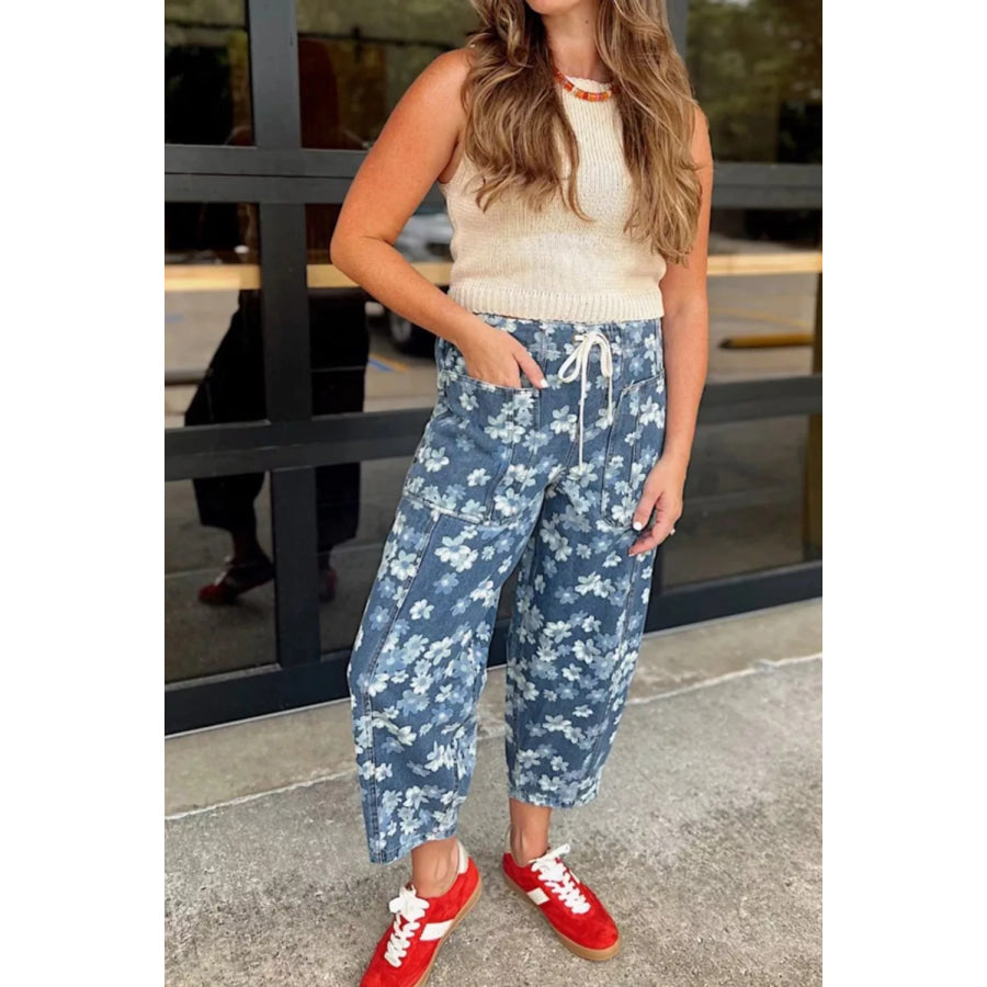 Dainty Floral Printed Drawstring Barrel Jeans Apparel and Accessories