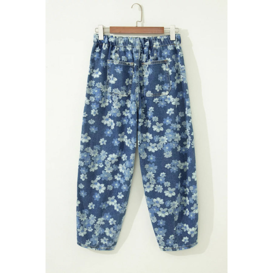 Dainty Floral Printed Drawstring Barrel Jeans Apparel and Accessories