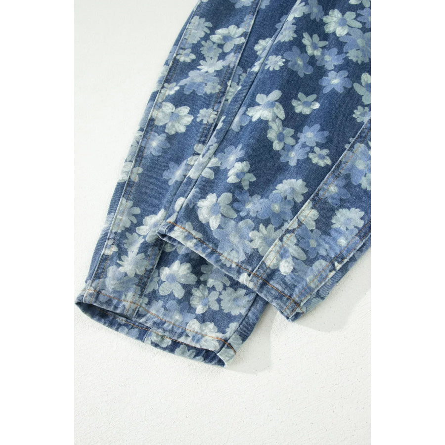 Dainty Floral Printed Drawstring Barrel Jeans Apparel and Accessories