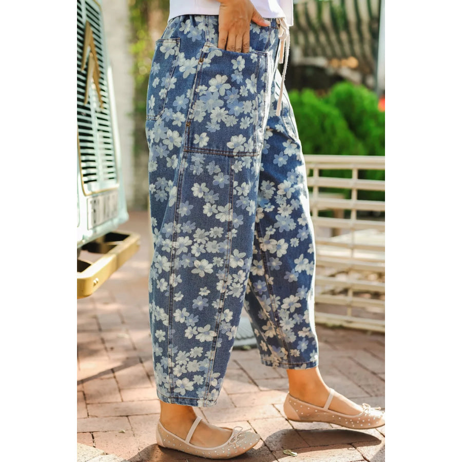 Dainty Floral Printed Drawstring Barrel Jeans Apparel and Accessories
