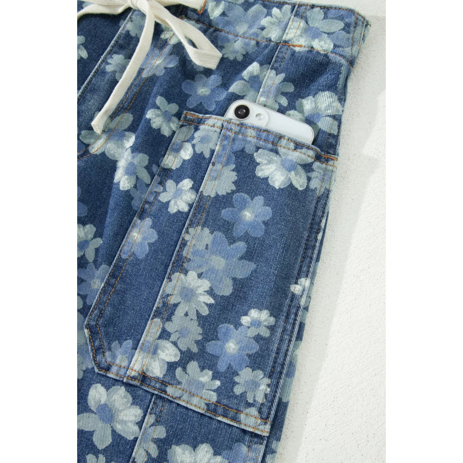 Dainty Floral Printed Drawstring Barrel Jeans Apparel and Accessories