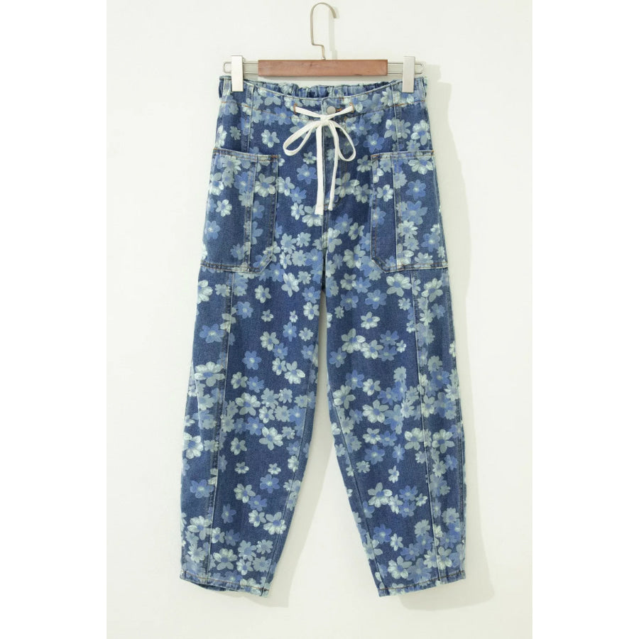 Dainty Floral Printed Drawstring Barrel Jeans Apparel and Accessories