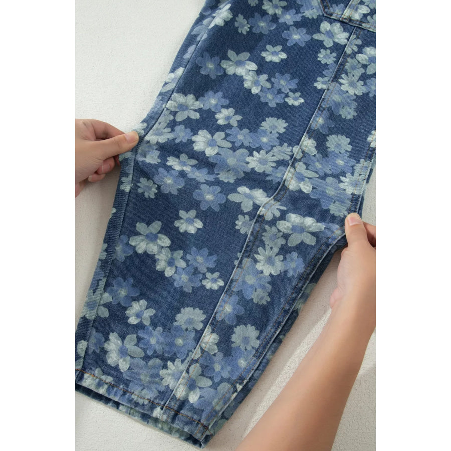 Dainty Floral Printed Drawstring Barrel Jeans Apparel and Accessories