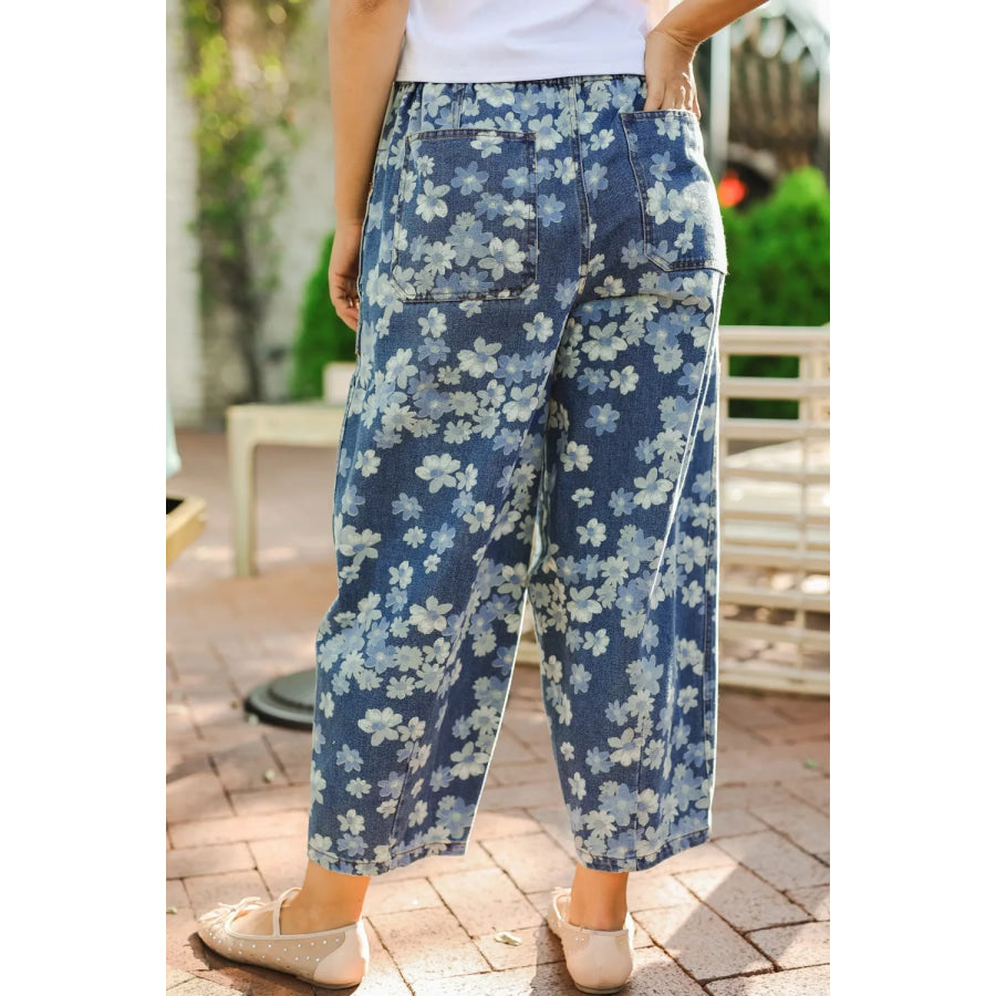 Dainty Floral Printed Drawstring Barrel Jeans Apparel and Accessories