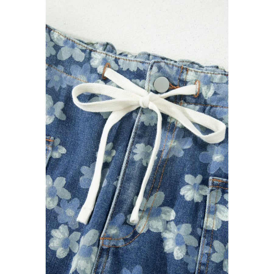 Dainty Floral Printed Drawstring Barrel Jeans Apparel and Accessories
