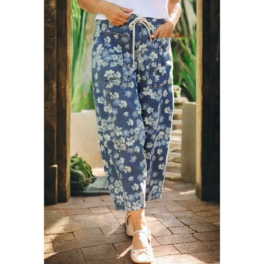 Dainty Floral Printed Drawstring Barrel Jeans Dusty Blue / 4 Apparel and Accessories