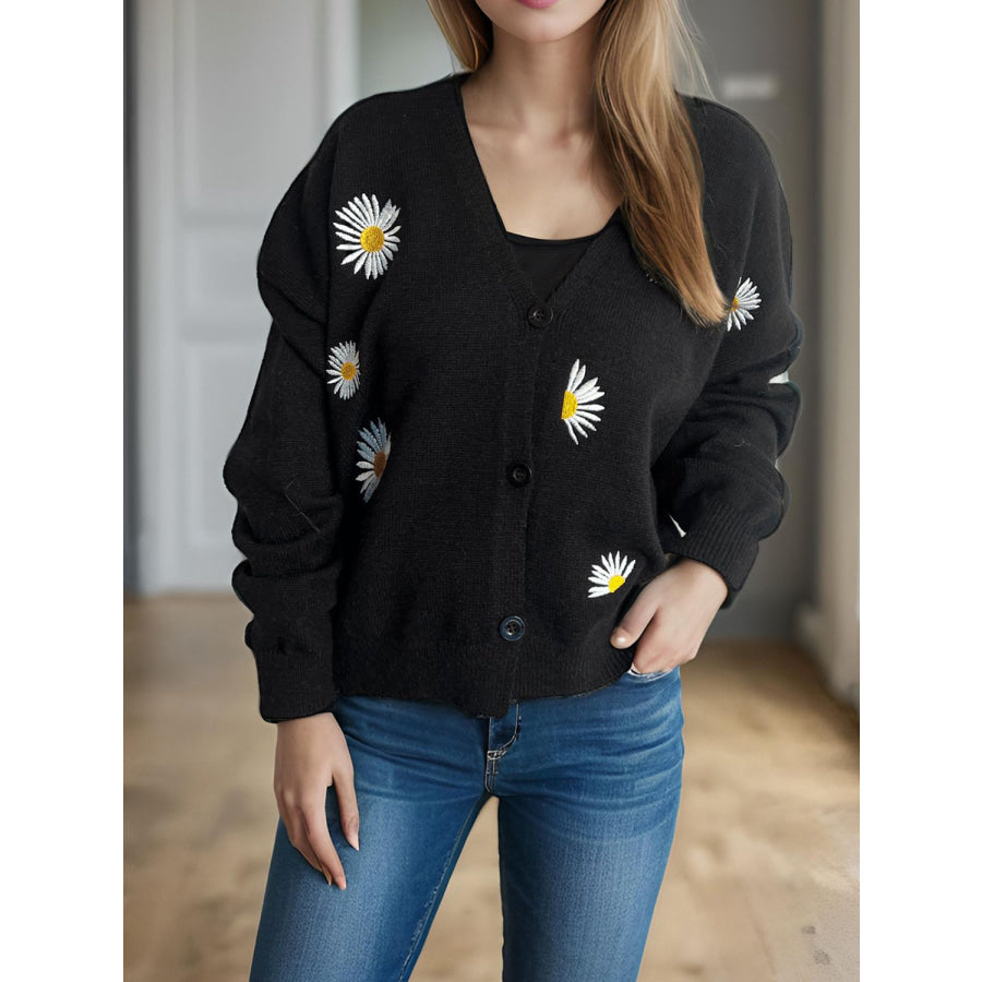 Daisy Button Up V-Neck Cardigan Black / One Size Apparel and Accessories