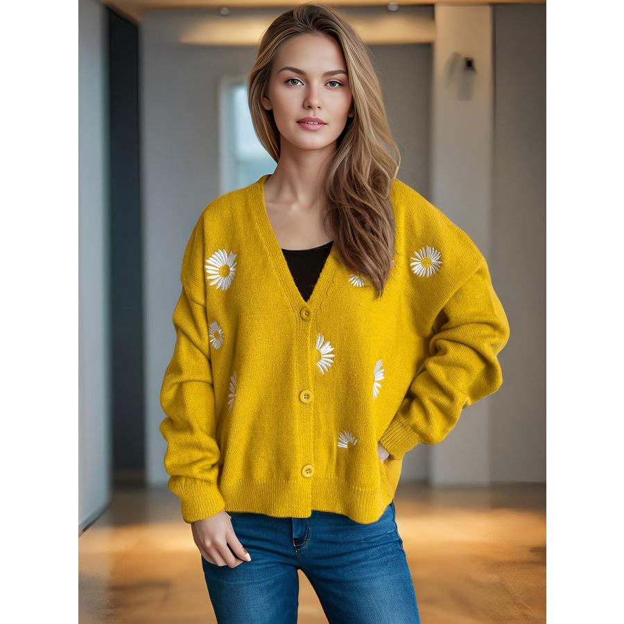 Daisy Button Up V-Neck Cardigan Mustard / One Size Apparel and Accessories