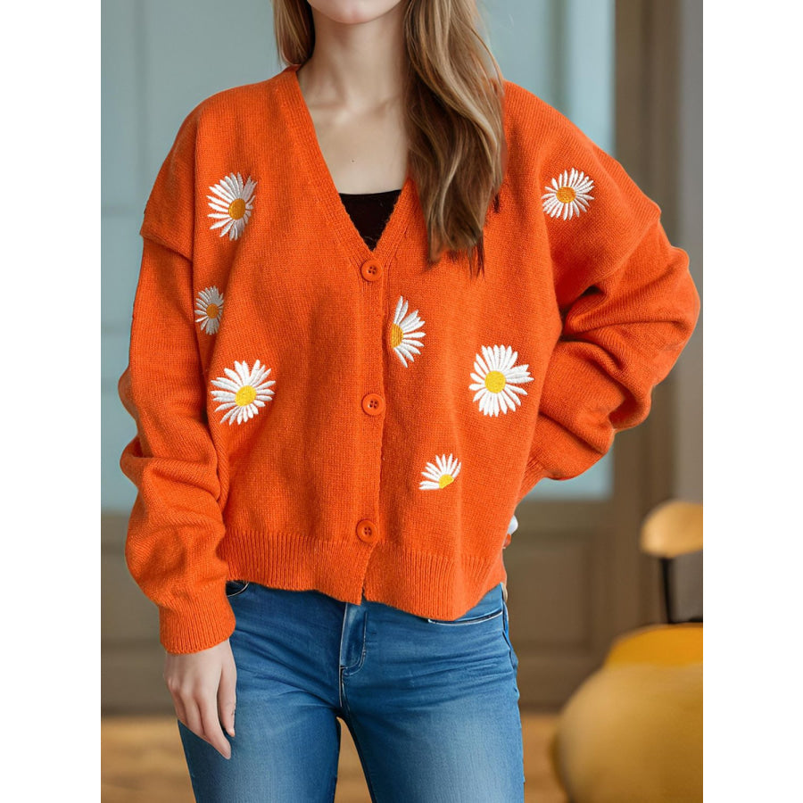 Daisy Button Up V-Neck Cardigan Orange / One Size Apparel and Accessories