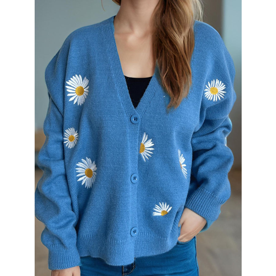 Daisy Button Up V-Neck Cardigan Sky Blue / One Size Apparel and Accessories