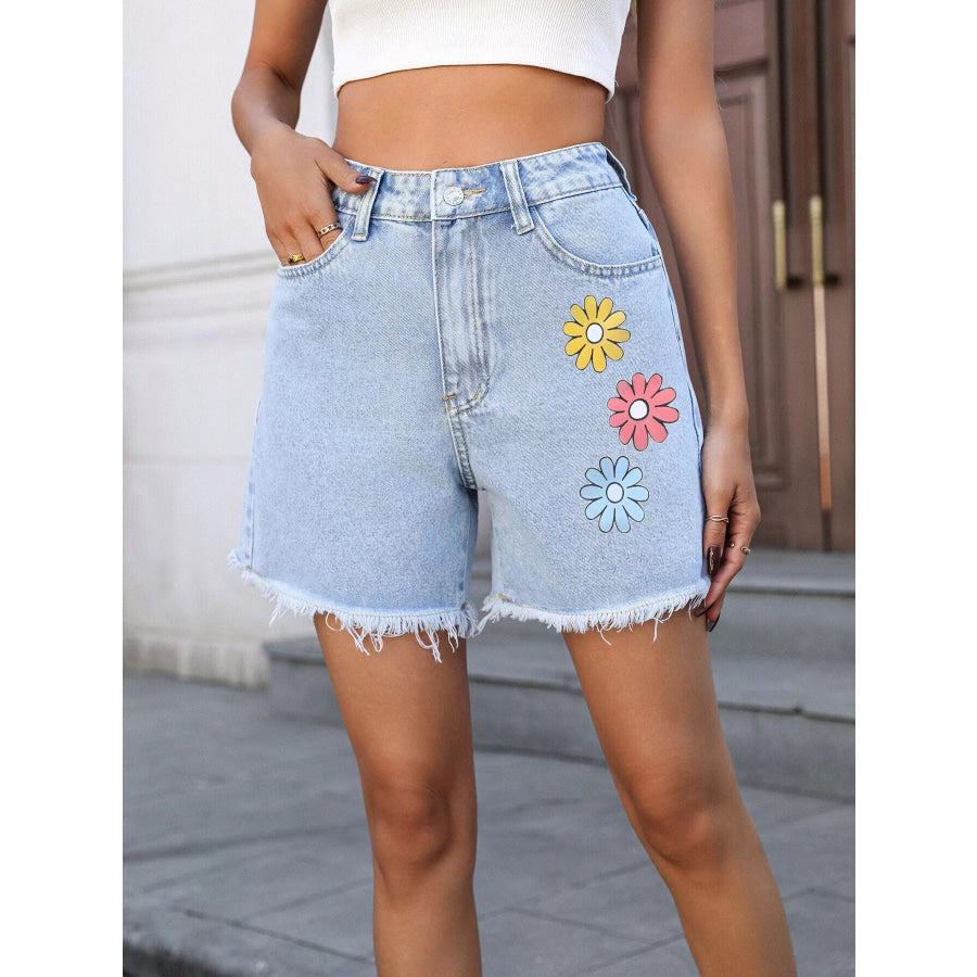 Daisy Frayed Hem Denim Shorts Apparel and Accessories