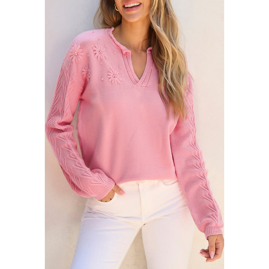 Daisy Notched Long Sleeve Sweater Apparel and Accessories