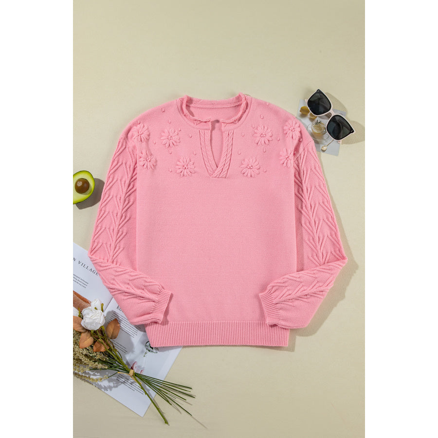 Daisy Notched Long Sleeve Sweater Apparel and Accessories