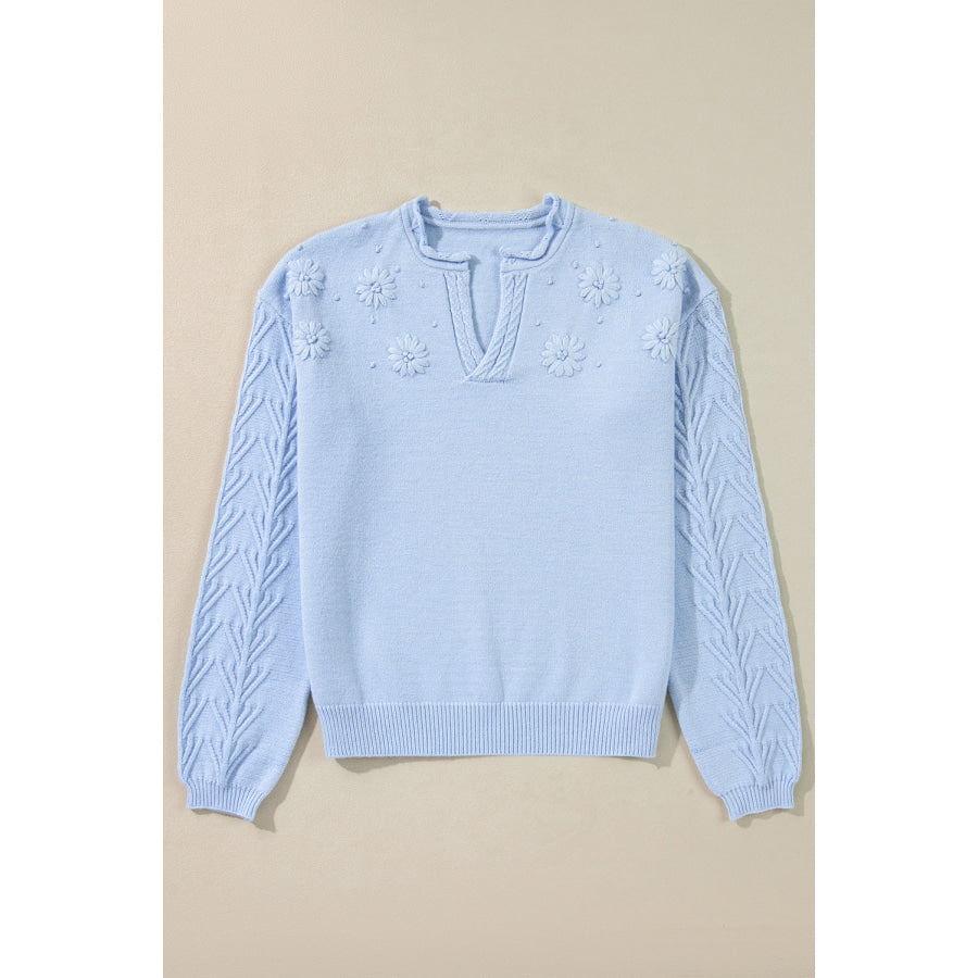 Daisy Notched Long Sleeve Sweater Apparel and Accessories