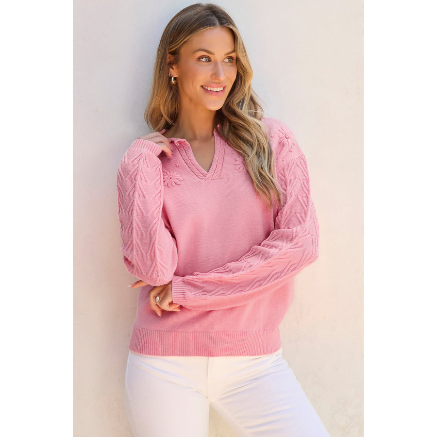 Daisy Notched Long Sleeve Sweater Apparel and Accessories