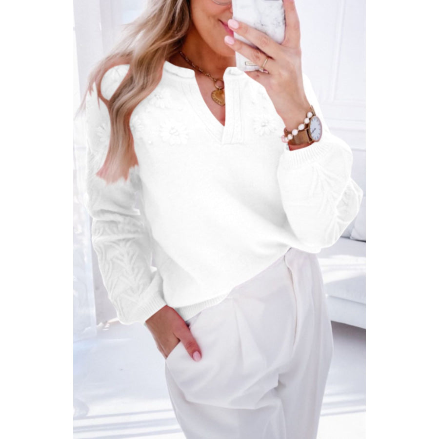 Daisy Notched Long Sleeve Sweater White / S Apparel and Accessories