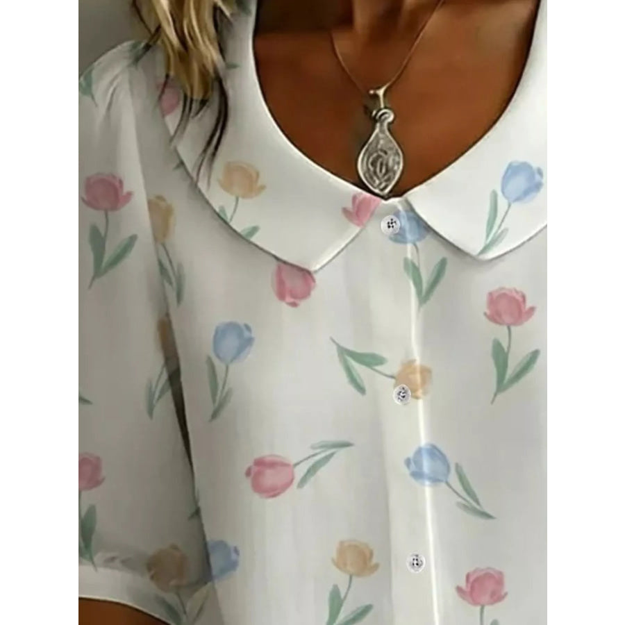 Daisy Print Peter Pan Collar Button-Down Shirt Apparel and Accessories