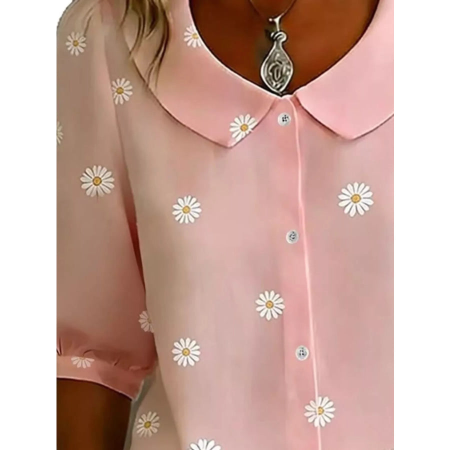 Daisy Print Peter Pan Collar Button-Down Shirt Apparel and Accessories