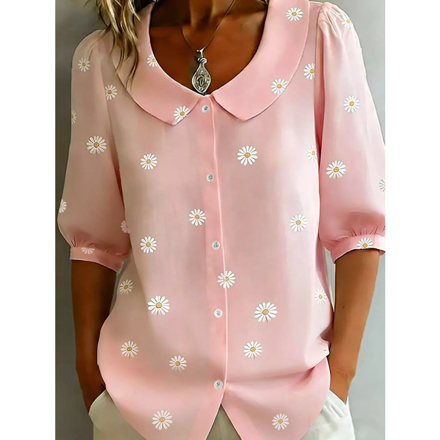 Daisy Print Peter Pan Collar Button-Down Shirt Blush Pink / S Apparel and Accessories