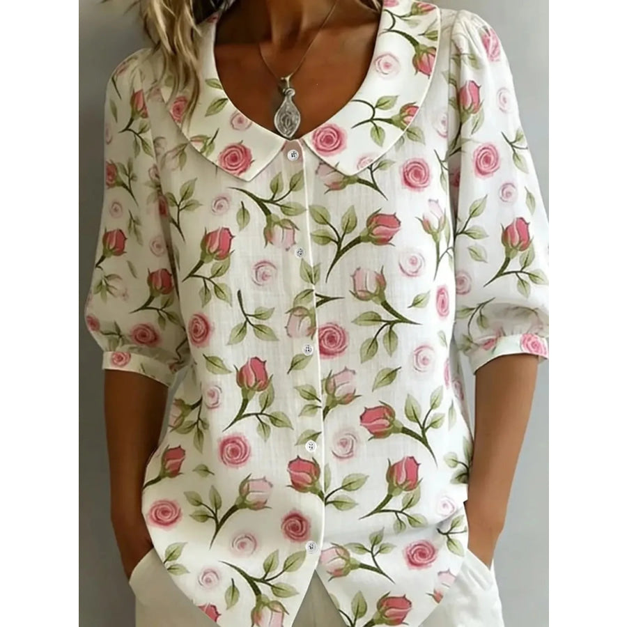 Daisy Print Peter Pan Collar Button-Down Shirt Floral / S Apparel and Accessories