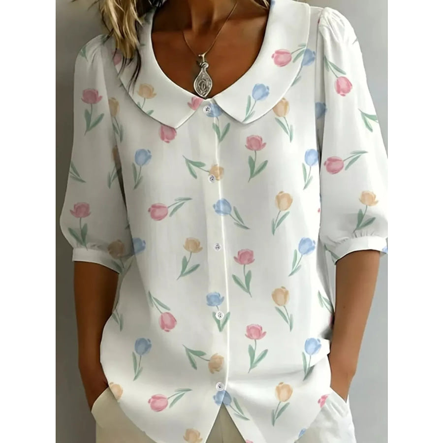 Daisy Print Peter Pan Collar Button-Down Shirt White / S Apparel and Accessories