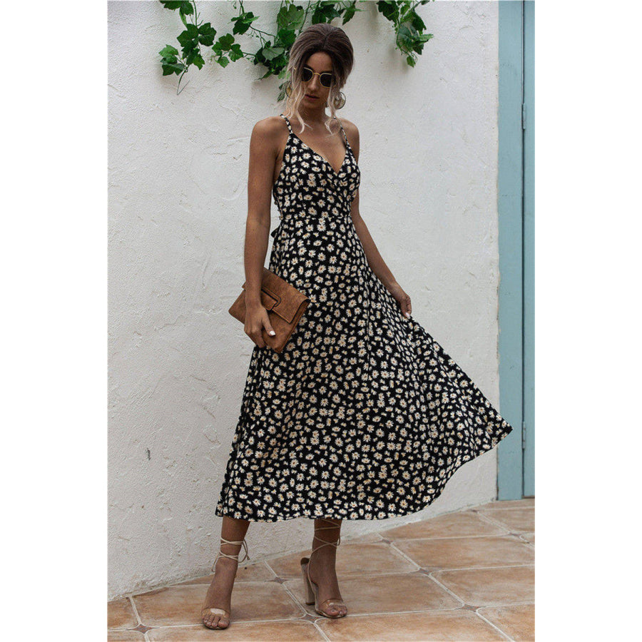 Daisy Print Surplice Midi Cami Dress Black / S Apparel and Accessories