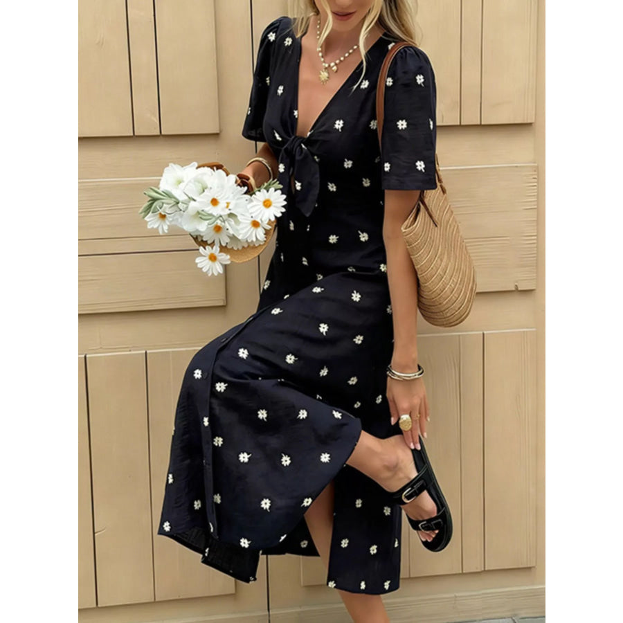 Daisy Print Tie-Front Midi Dress Navy Blue / S Apparel and Accessories