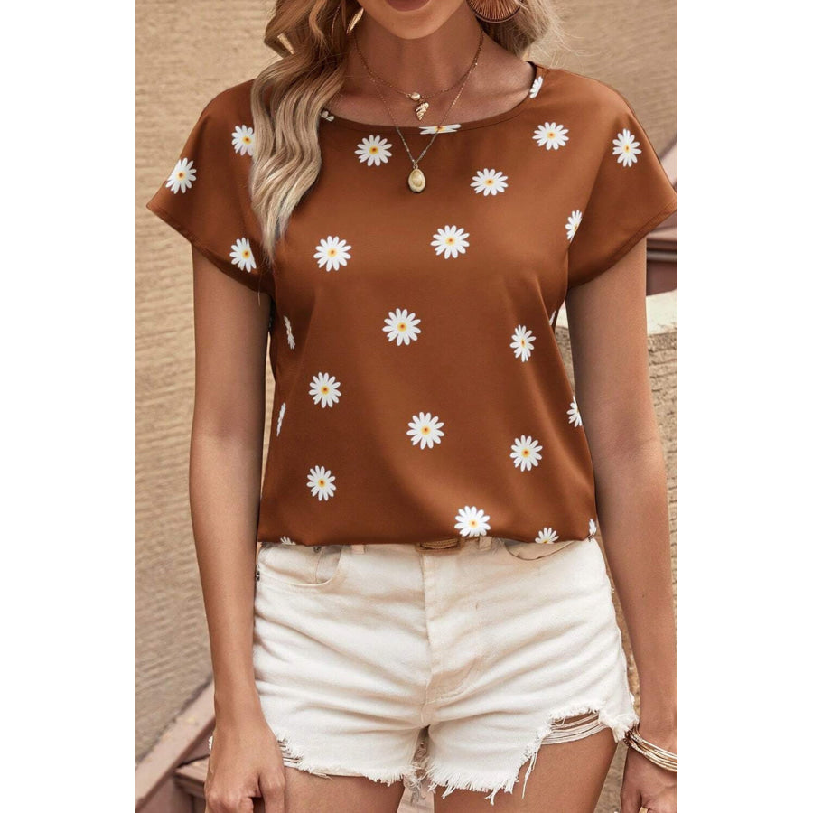 Daisy Printed Round Neck Short Sleeve Blouse Caramel / S Apparel and Accessories