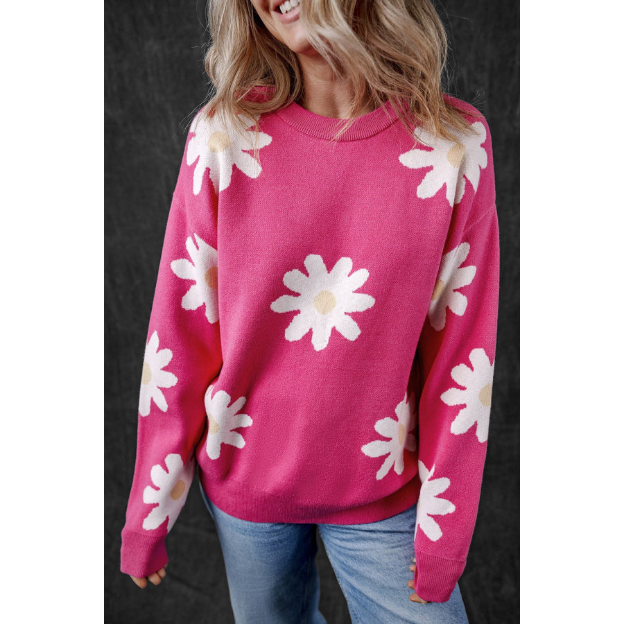 Daisy Round Neck Dropped Shoulder Sweater Hot Pink / S Apparel and Accessories