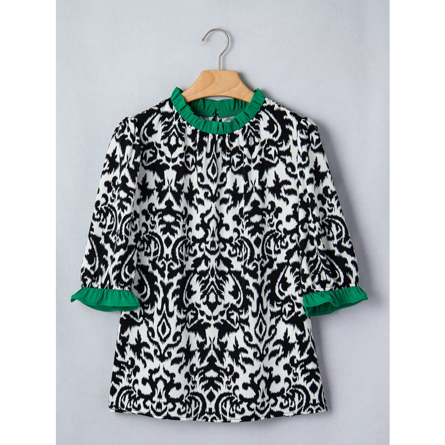 Damask Print Ruffled Color Block Detail Half Sleeve Blouse Apparel and Accessories
