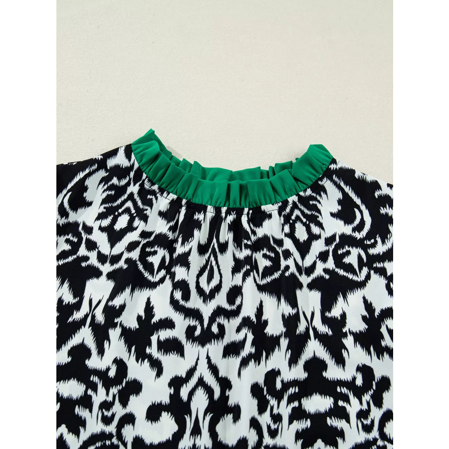 Damask Print Ruffled Color Block Detail Half Sleeve Blouse Apparel and Accessories