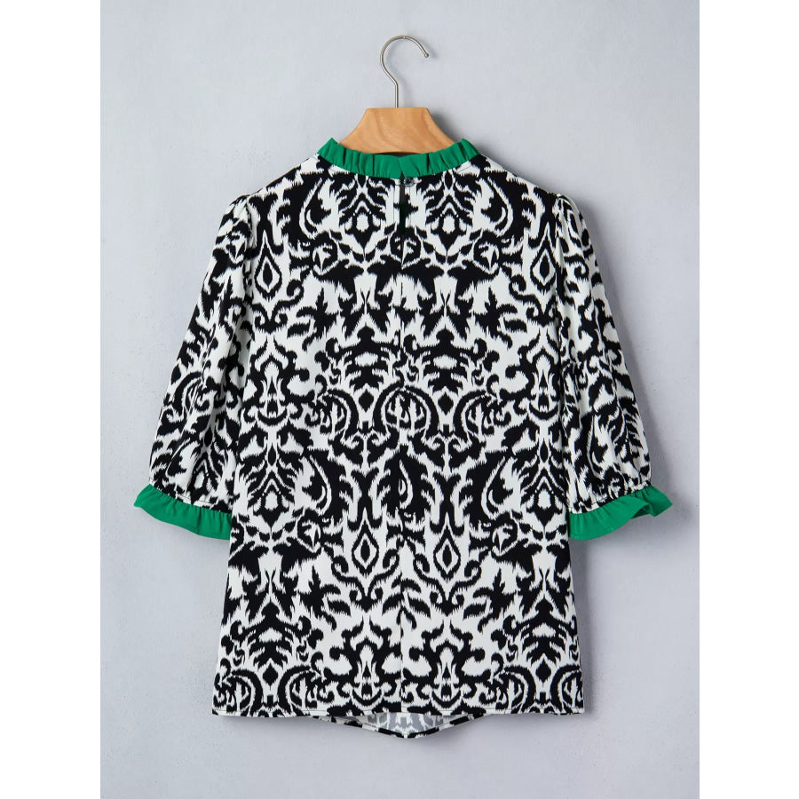 Damask Print Ruffled Color Block Detail Half Sleeve Blouse Apparel and Accessories