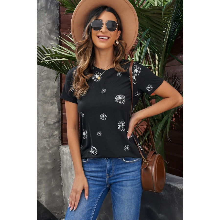 Dandelion Print Round Neck Tee Black / S