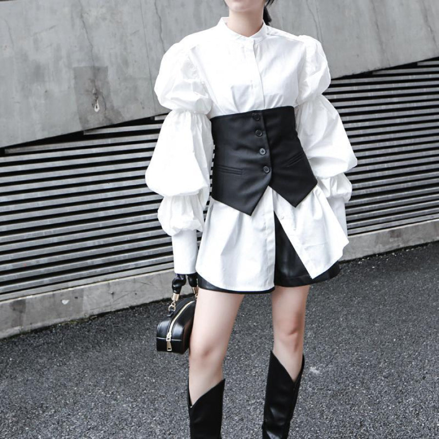 Daoko Pleated Puff Long Sleeve Shirt - White Women’s Fashion - Women’s Clothing - Blouses &amp; Shirts